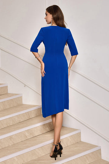 Royal Blue Bodycon V-Neck Vestido de Festa Plissado Cocktail